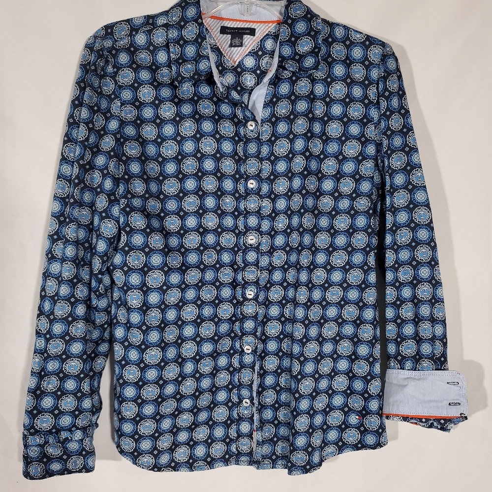 TOMMY HILFIGER NAVY BLUE ANCHOR & HELM GEOMETRIC LOGO BLUE LONG SLEEVE SHIRT